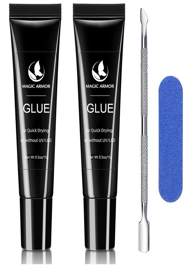 MAGIC ARMOR 2pcs Nail Glue for Press On Nail with Cuticle Pusher Set, No UV Needed, Quick Dry Strong Semi Solid Glue for Press On, Long Lasting Adhesive for Fake Acrylic Nails - Image 1